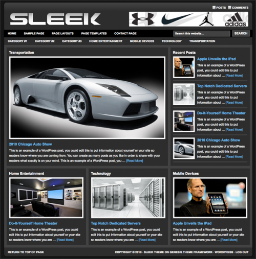 Bildschirmfoto des Sleek Theme für Genesis von StudioPress - dunkler Stil
