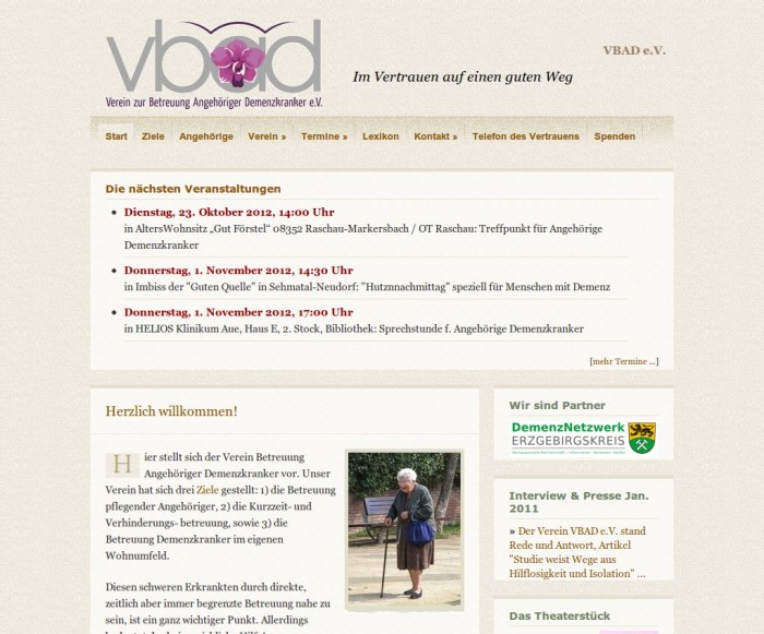 Verein zur Betreuung Angehöriger Demenzkranker e.V. (VBAD) -- Bildschirmfoto: vbad.de